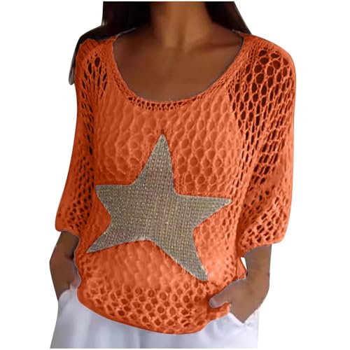 Vintage Star Knit Crochet Sweater Tops Casual Round Neck Long Sleeve Tunic Tops Y2k Grunge Streetwear Jumper Blouse