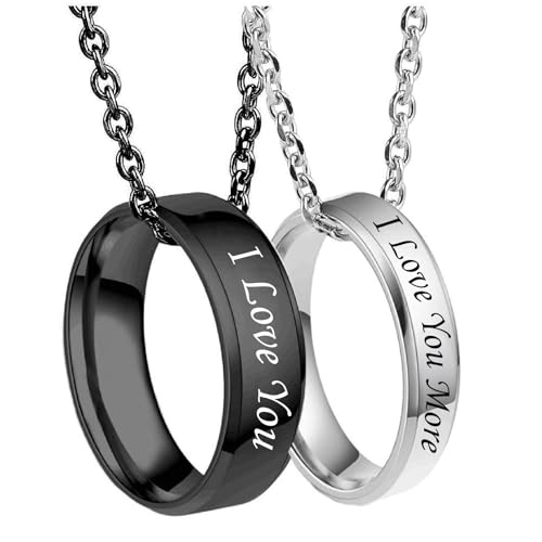 MJartoria Matching Necklaces for Couples-His and Her Engraved Ring Pendant Necklaces Anniversary Valentines Gifts for Boyfriends Girlfriends (Black+Silver, I Love You More)