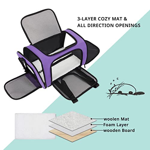 Echohana Pet Carrier Airline Approved, Soft Cat Carriers For Large Cats, Collapsible Cat Carriers With Removable Fleece Pad, Three-Sided Breathable Dog Carrier For Pets Under 25Lbs (Large-Purple) #TOP3