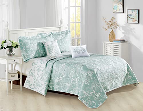 Home Soft Things La Boheme 5 Piece Quilted Printed Bed Spread Cover King 102" X 90" Quilt Set With Shams Accent Pillows, Teal White Lightweight Reversible Coverlet Bedding Set #TOP8