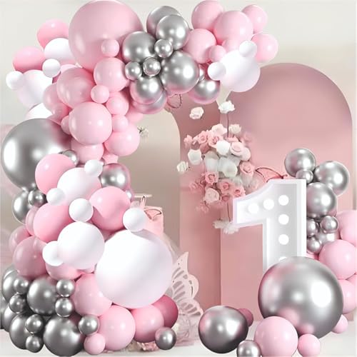 Image of Happy Birthday Balloons Decoration Kit - 41 pcs Pink, White & Silver Chrome Balloons Garland Set for Birthday Decoration | Birthday Party Decoration Set for Celebrations for Kids & Girls