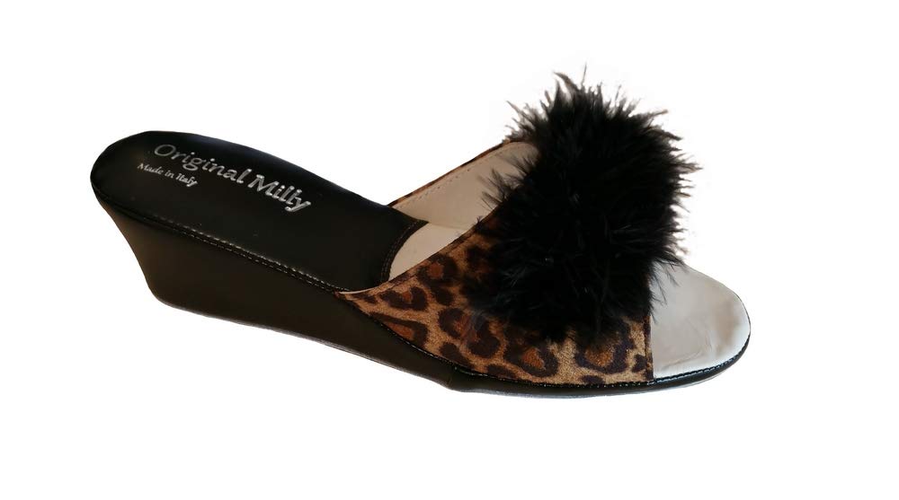 Ciabatte Morbide da Camera Aperte per Donna, Pantofole per casa Classiche Eleganti Tacco Alte 5 cm, Fantasia Animalier e Piuma Marabou