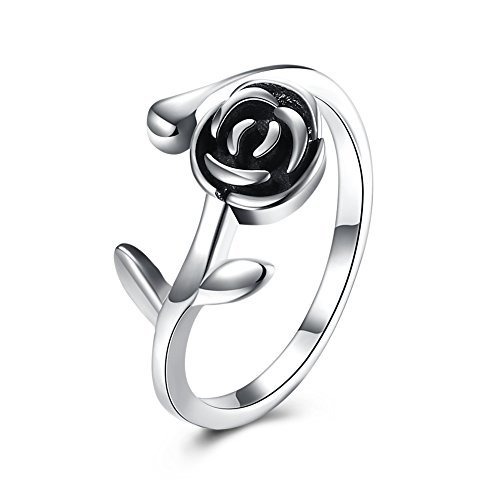 Kalapure Romantic Rose Flower Finger Ring for Women Gothic Oxidized S925 Sterling Silver Cast Wedding Band Ring Gifts Jewelry Adjustable (Adjustable)