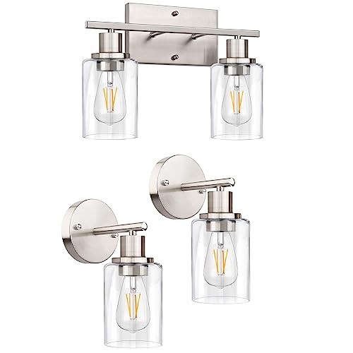 Shinetech Bathroom Light Fixtures, 1-Light & 2-Light Brushed Nickel Bathroom Vanity Light, Modern Sconces Wall Lighting, Bath Wall Mounted Lamps With Glass Shade, Wall Light For Mirror Bedroom Cabinet #TOP3