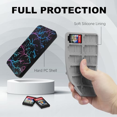 Image of FYY Nintendo Switch Game Case Holder for Switch 2 Cartridge Case with 24 Game Card Slots & 48 Micro SD Card Slots, Hard Shell, Silicone Lining Lightning Black