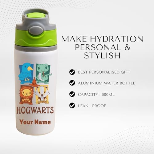 Image of Custom Printed Kids Water Bottle 600ml Aluminium | Cartoon Theme with Name | Lightweight School Bottle | Gift for Boys, Girls, Birthday|Customise Gift