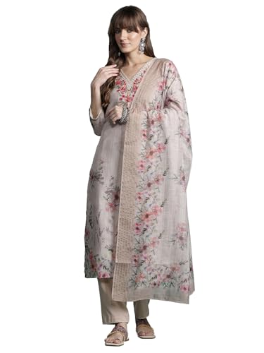 Image of INDO ERA Women's Straight Linen Floral Printed Embroidered Kurta & Pant with Dupatta Set