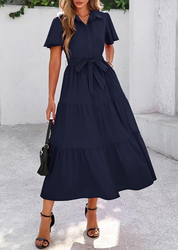 Image of KIRUNDO Summer Button Down Wedding Guest Shirt Dresses for Women Maxi Flutter Short Sleeve Flowy Tiered Beach Sun Dress