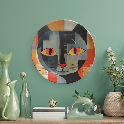 Plato decorativo de cerámica blanco con gato ojos rojos miniatura 5