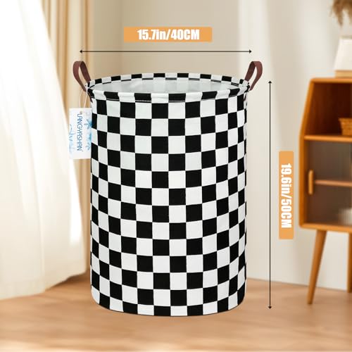 Image of Round Laundry Basket Collapsible Boys Nursery Hamper Organizer Racing Flag | Waterproof Canvas Foldable Storage Bin Car Toy Bins Gift Baskets Bedroom Clothes for Home Play Bedroom Gift