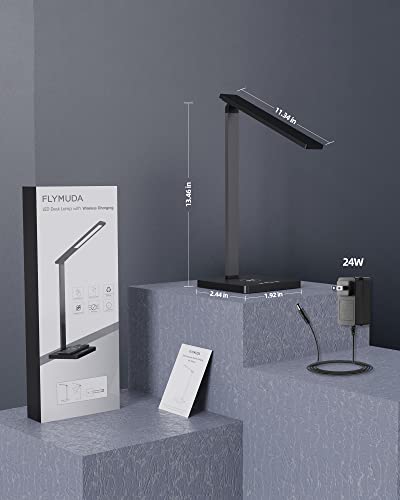 Flymuda Led Desk Lamp With 15W Wireless Charger & Usb Charging Port, Eyecare Desk Light With 3 Lighting Modes, 5 Brightness Levels, Touch Control, 24W Adapter, Black Desk Lamp For Home Office #TOP6