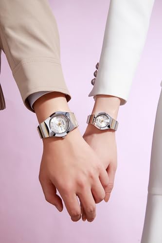 Image of Giordano Analog Pair Watch for Unisex with Round Dial, Crystal Indices, Date Display and Stainless Steel Strap
