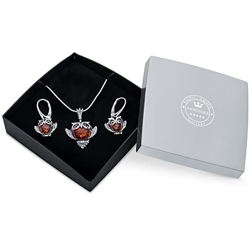 Conjunto de joyas de plata de ley con búho de ámbar báltico para mujer 3