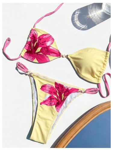 Image of RoseSeek Women's Floral Print Cheeky Bikini Sets Pearl Decor Halter Triangle High Cut String Thong Swimsuits