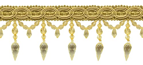 DÉCOPRO 3 3/4" (9.5cm) Decorative Beaded Fringe Trim with Fancy Gimp Header Large Teardrop Bead Design (Style# BF334) Antique Gold #C4 (Dark Yellow Gold) 3 Yard Value Pack (2.5m/9 ft)