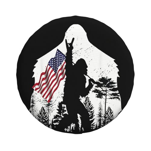 Image of Spare Tire Cover with Camping Bigfoot American Flag Pattern Wheel Protectors Weatherproof Wheel Covers Universal Fit for SUV Truck Rv Travel Camper Trailers Accessories 17inch