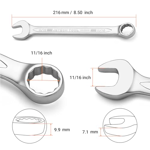 Image of Jetech 11 /16 inch Combination Wrench, SAE 12-Point Chrome Vanadium Steel Spanner, Industrial Grade with 15-Degree Offset, Sand Blasted Finish, Heat-Treated Forged Tool