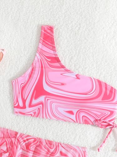 Image of Girl's 3 Piece Bikini Set Marble Print Bathing Suit One Shoulder Swimwear with Skirts Cover Ups Pink 150