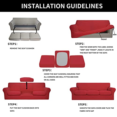 Image of Easy-Going 4 Pieces Stretch Sofa Cover for 3 Cushion Couch Washable | Sofa Slipcover for Stretch 3 Separate Sectional Cushion Couch - Furniture Protector for Pets, Kids Christmas Red