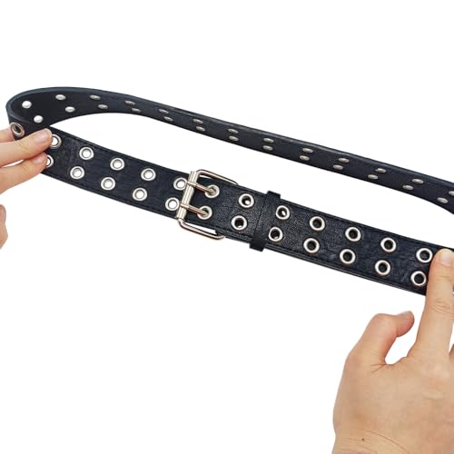 Double Grommet Punk Leather Belt Unisex 2 Hole Fashion Jeans Belt3