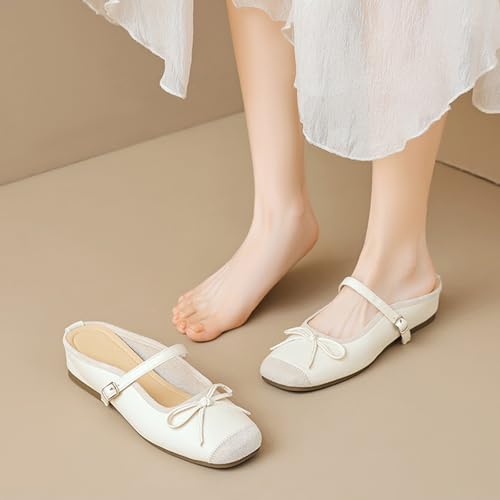 Women's Leather Inner Height Bowknot Slip-On Cap Toe Ballet Flats Closed Square Toe Comfortable Non-Slip Ankle Strap Casual Flat Pumps for Daily Shopping Traveling4