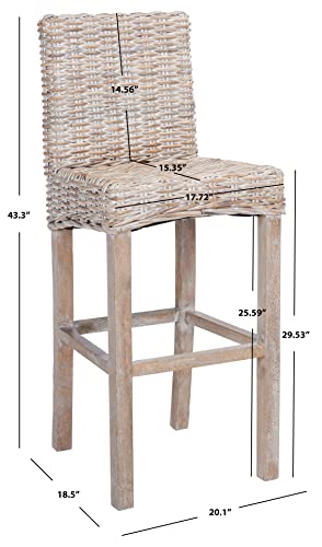 Taburete de bar SAFAVIEH Tobie de ratán y madera de mango, acabado gris lavado, altura de asiento 17,7 pulgadas, estilo costero, para cocina, bar o comedor, totalmente ensamblado (modelo BST6500B) miniatura 3