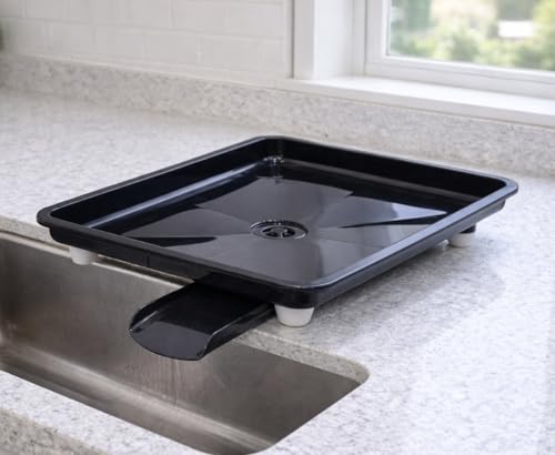 Image of SmartSlide Dish Drainer Tray for Kitchen Sink | Plastic Utensil Drying Tray with Water Drain Spout | Countertop Dish Drying Stand (12 x 17 Inch) (Black)