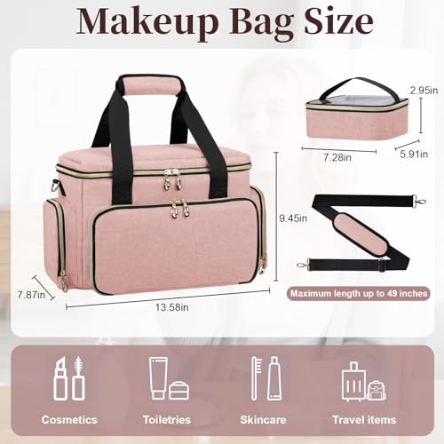 Image of GDNasist Large Makeup Bag, Portable Travel Makeup Bag Organizer | Cosmetic Travel Bag for Women Girls with 2 Removable Pouches & Detachable Dividers, Toiletry Bag for Makeup and Hair Supplies