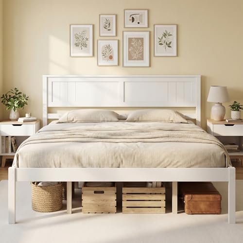 Image of GIANTEX Queen Wood Platform Bed Frame with Headboard, Mid Century Queen Bed Frame with Wood Slat Support, Solid Wood Foundation with 16 inch Under Bed Storage, No Box Spring Needed, Easy Assembly (White)