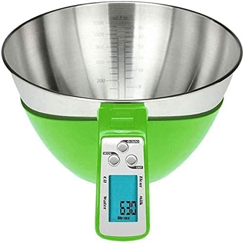 Waga elektroniczna, do pieczenia, 5 kg, z 3 l miską do mieszania, stal nierdzewna, duży wyświetlacz, waga rodzinna i kuchenna, 216 x 163 x 63 mm, zielona