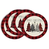 Artoid Mode Watercolor Red and Black Buffalo Plaid Christmas Trees Merry Xmas Round Placemats Set of 4, 15 Inch Winter Round Table Mats for Dining Decoration