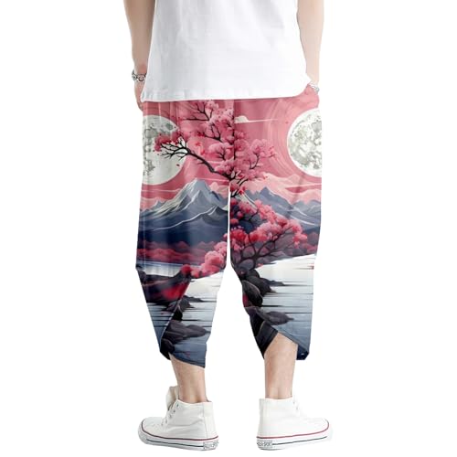 Image of DOSLAVIDA Men's Japanese Kimono Jacket Set Stylish Open Front Coat With Shorts Chinese Style Printed Cardigan Suit