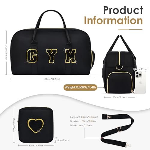 Gym Bag for Women, 2PCS Gym Tote Duffel Bag with Wet Pocket & Shoe Compartment Chenille Letter Embroidered Workout Carry on Bag for Travel, Swimming4