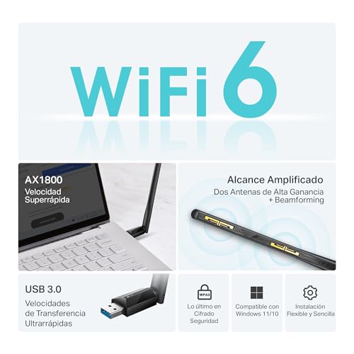 Wi-Fi 6 AX1800 USB Adapter compatible con Windows 11 y 10 3