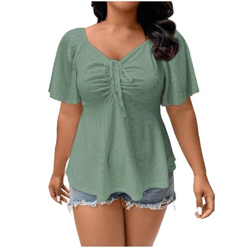 Lovraj Bluse Damen Kurzarm Tunika mit Stickerei Aushöhlen Atmungsaktives V-Ausschnitt Blusenshirt Große Größen Sommer Damenbluse Einfarbig Plisssee Sommerbluse Modern Fit Oberteile Trend 2025