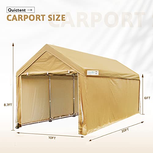 Quictent 10’X20’ Carport Heavy Duty Car Canopy Galvanized Outdoor Car Shelter Boat Shelter With Reinforced Steel Cables And Ground Bars-Beige #TOP4