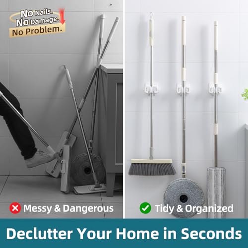 Image of TAILI Mop and Broom Holder Wall Mount Grippers, 3 Hangers and 8 Adhesive Strips, Damage Free Hanging Wall Mount, Household Cleaning Organizer for Organization and Storage, Holds up to 4 lbs, White