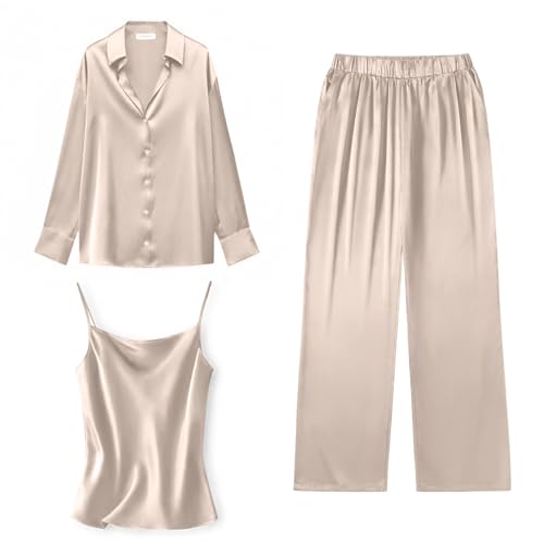 Ekouaer Womens Silk Satin Pajama Sets 3Pcs Long Sleeve Pj Sets Button Down Sleepwear Silky Long Pants with Pockets Champagne, Medium