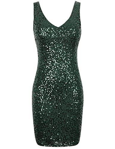 Image of PrettyGuide Women's Sequin Cocktail Dress V Neck Bodycon Glitter Party Dress