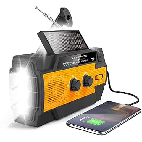 Greadio Solar radio, crank radio, AM/FM radio, rechargeable dynamo 4000 mAh radio with bright torch, motion sensor reading lamp, SOS alarm for emergency, outdoor, camping, hiking, orange Cover