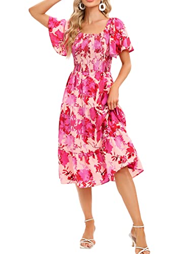 Bbonlinedress Plus Size Casual Smocked Sundress Barbie Summer Beach Party Boho Midi Square Neck Dress Blush Flower 2XL