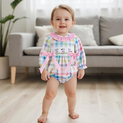 Fall Clothes Infant Baby Girl Long Sleeve Romper Bodysuit Collared Plaid Cow Embroidery Farm Outfit2