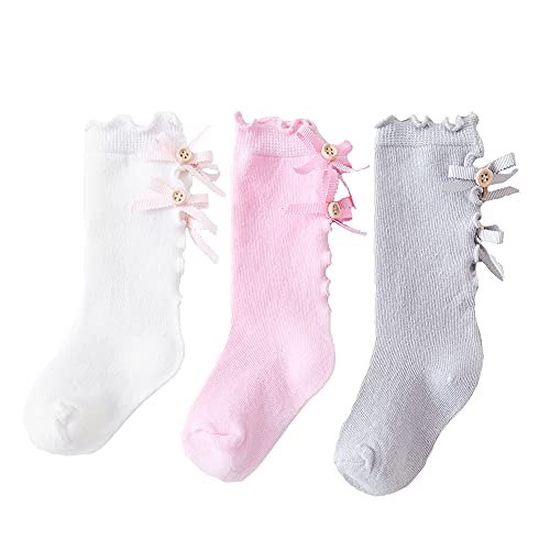 Baby-Girls Knee High Socks Bow Newborn Infant Toddler Cotton Tube-Ruffled Long Stockings Girls Frilly Uniform Dress Socks for Kids (3Pairs(Black/White/Gray), XL(5-8T))