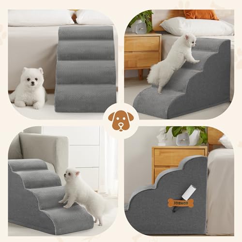 ROMROL Hundetreppe 4 Stufen – rutschfeste Haustiertreppe für kleine Hunde & Katzen – Waschbarer Bezug, Hochdichter Memory-Schaum – Weiche Einstiegshilfe für Sofa & Bett – Gelenkschonend, Grau