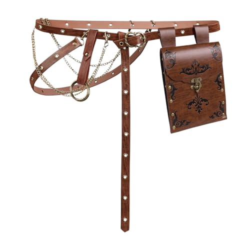 EpicCos Renaissance Costume Women Waist Bag Set Thin Belt Loop Chain Embossed Faux Leather Purse for Cosplay Ren Faire Dress(Brown B)