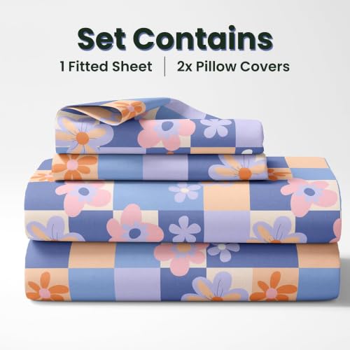 Image of LORETO - A QUALITY LINEN BRAND 144 TC 100% Pure Cotton Double /Queen Fitted Bedsheet with 2 Pillow Covers for 72 x 60 Inch Mattress, All-Around Elastic, 8 Inch Deep Pocket, Pastel Floral Checkered