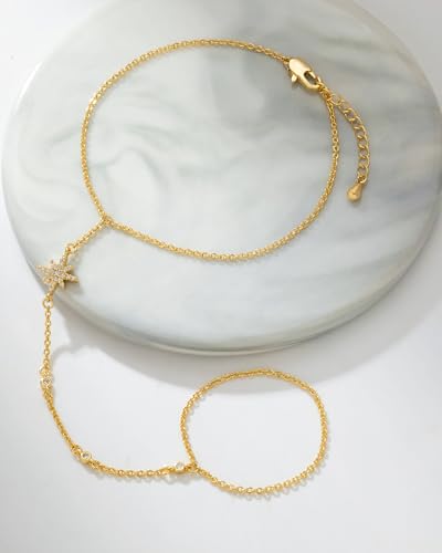 Gold Bracelets for Women 14K Gold Plated Hand Chain Bracelet Dainty Trendy Ring Chain Bracelet Charm Link Adjustable Cubic Zirconia Hand Bracelets Jewelry Gifts for Women