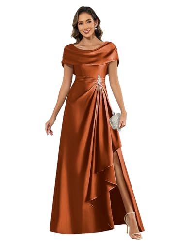 Satin Mother of The Bride Dresses for Women Cape Sleeve A Line Long Formal Party Dress with Slit4