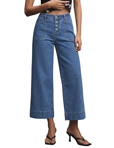 luvamia Womens Wide Leg Cropped Jeans High Waisted Button Fly