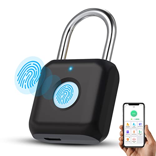 Fingerprint Padlock Eseesmart, Locker Lock, Smart Padlock, Bluetooth or Fingerprint Unlock, Weatherproof Outdoor Lock, for Gym, Bike, School, Fence and Storage, Padlock USB Rechargeable (Black)